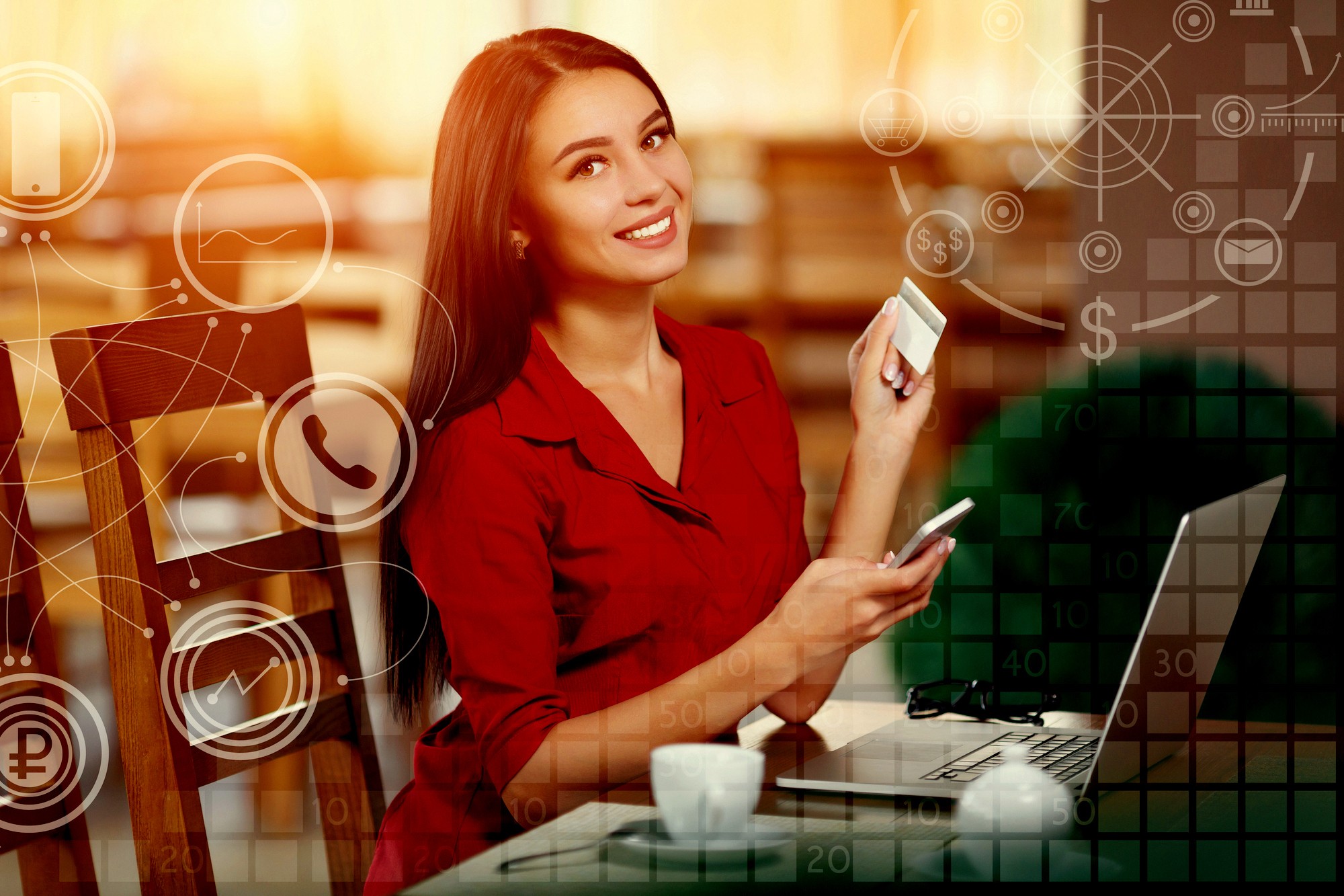 Young business woman holding mobile phone and credit card. Woman pays for a purchase with credit card and looking in camera. Purchase and shopping online. Business infographic